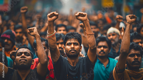 Group of indian men protesting in the streets.