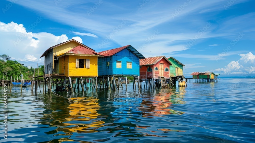 Colorful wooden fishing cabins, stilts above the water, clear blue sky backdrop, raw and vivid imagery Colorful wooden fishing cabins, stilts above the water, clear blue sky backdrop, raw and vivid imagery