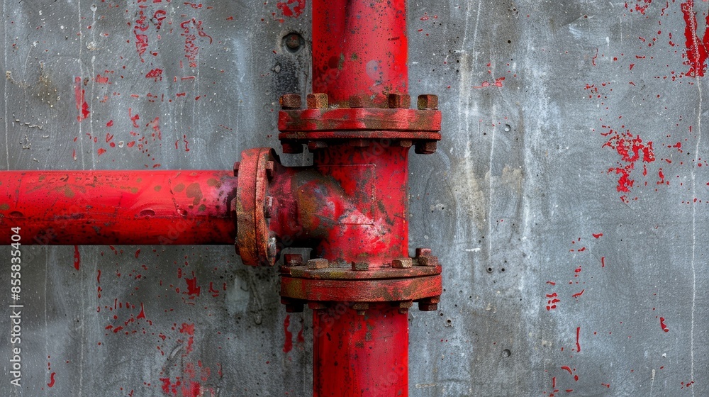 Detailed shot of red pipe and coupling, abstract gray wall background, raw style focusing on industrial components Detailed shot of red pipe and coupling, abstract gray wall background, raw style focusing on industrial components