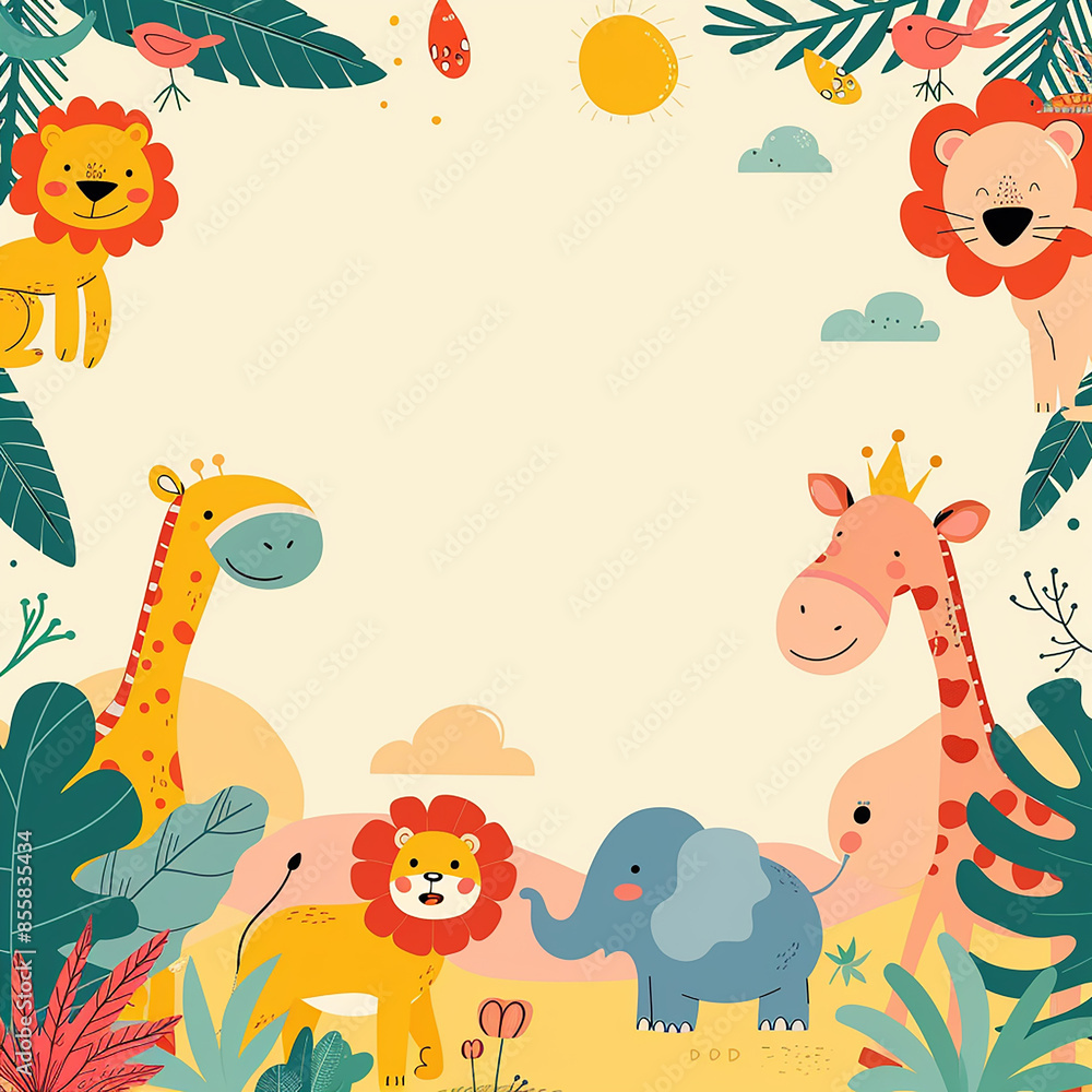 Naklejka premium A colorful, playful safari-themed birthday invitation made with generative AI