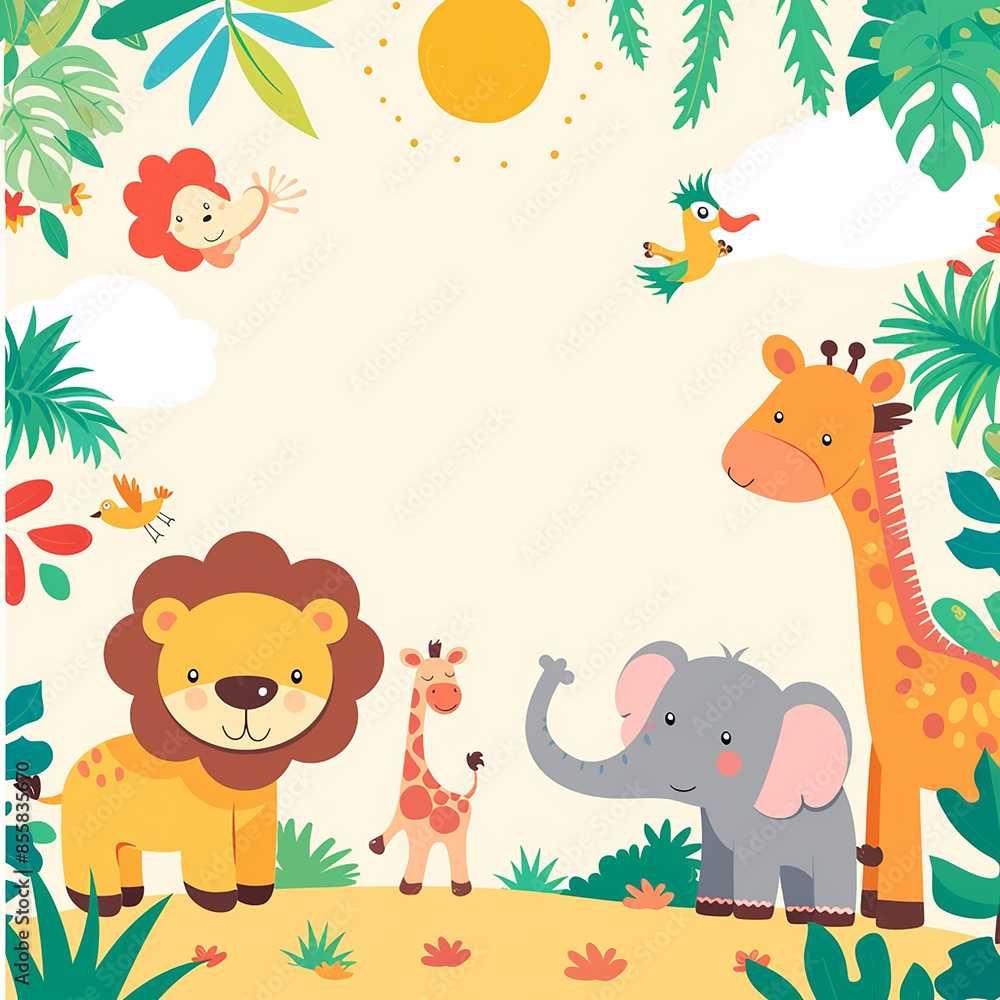 Naklejka premium A colorful, playful safari-themed birthday invitation made with generative AI