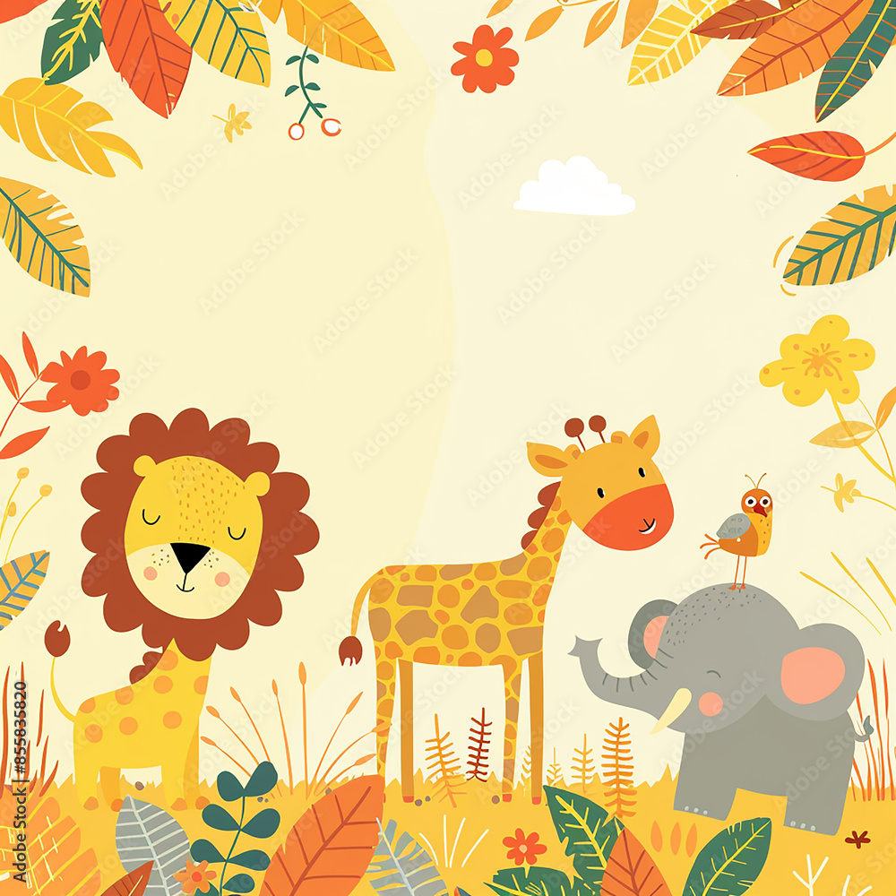Obraz premium A colorful, playful safari-themed birthday invitation made with generative AI