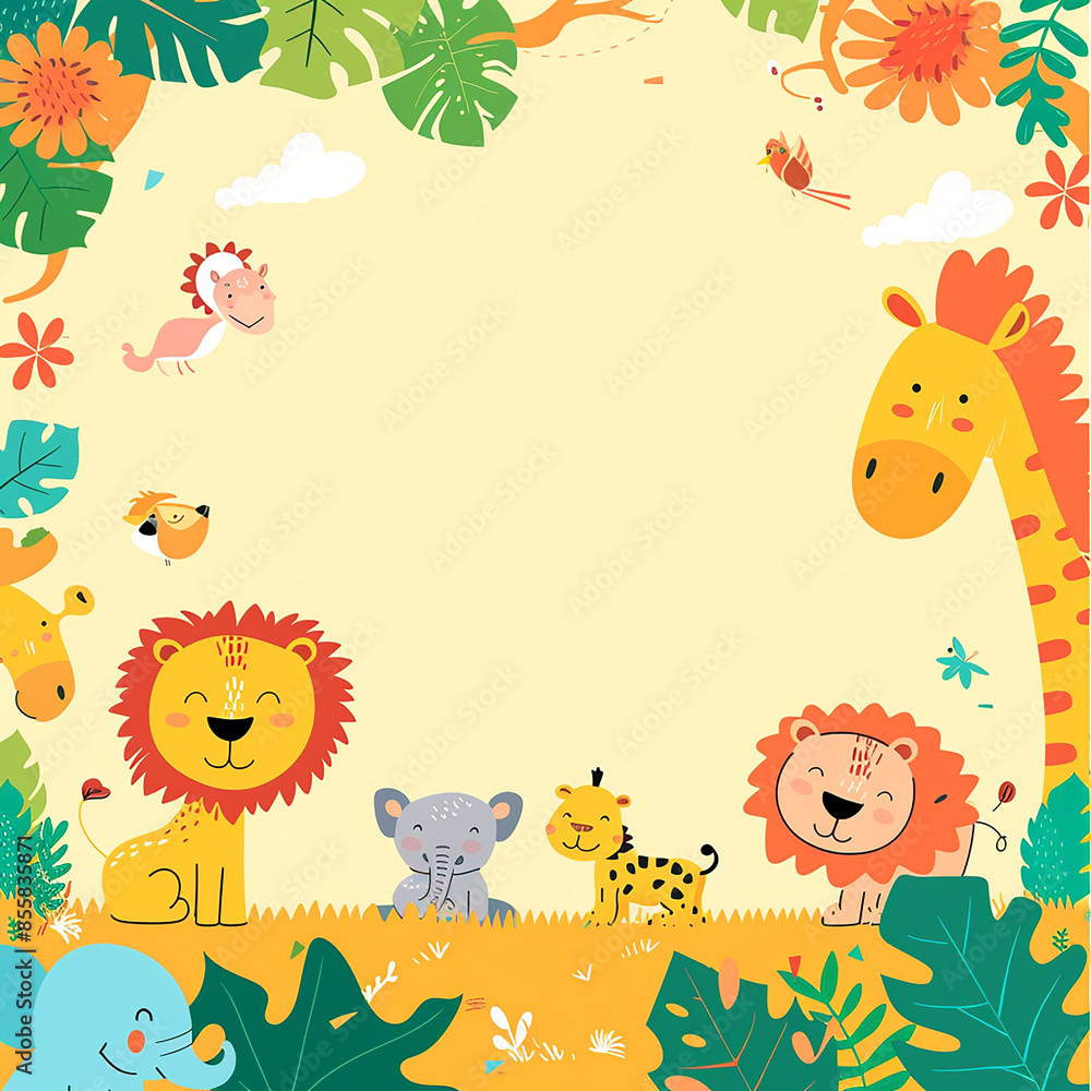 A colorful, playful safari-themed birthday invitation made with generative AI A colorful, playful safari-themed birthday invitation made with generative AI