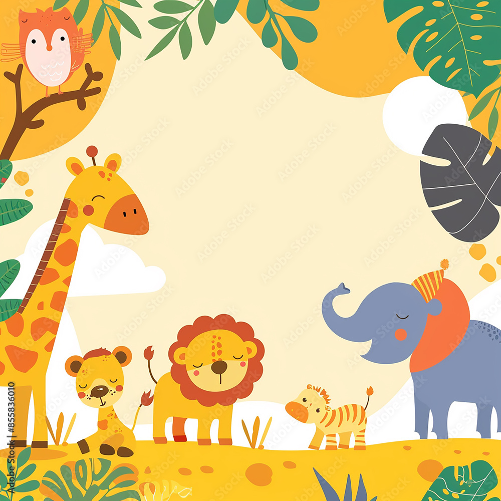 Fototapeta premium A colorful, playful safari-themed birthday invitation made with generative AI