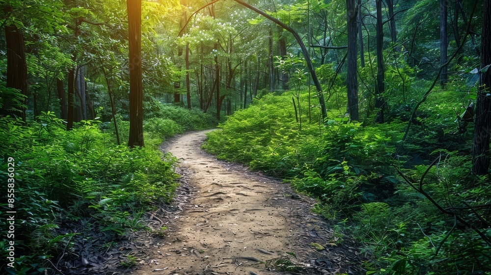 Fototapeta premium Hiking a scenic local trail through dense forest,
