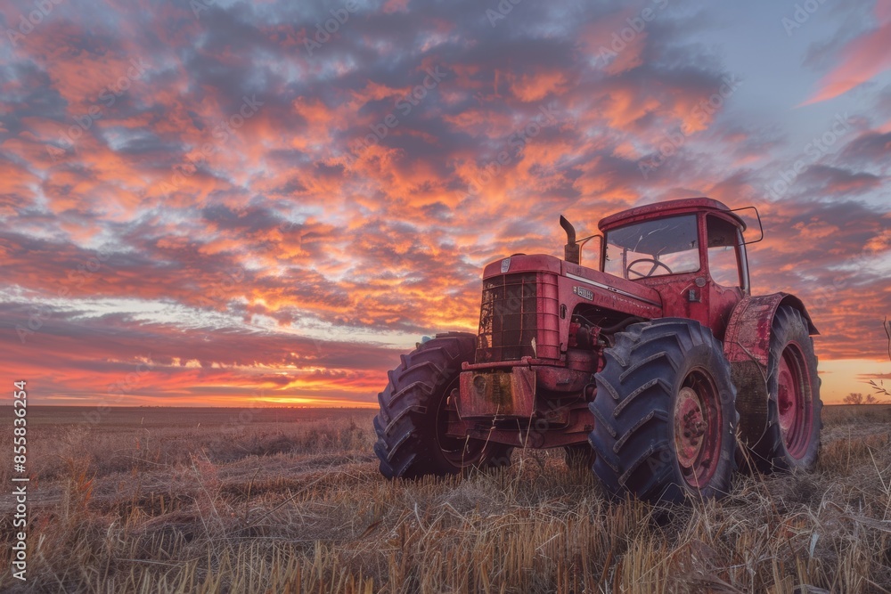 Fototapeta premium vintage red tractor in a field at sunset, capturing the charm of traditional farming equipment and agricultural heritage.