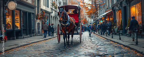 A horse-drawn carriage clopping through a cobblestone street, tourists snapping photos. photo