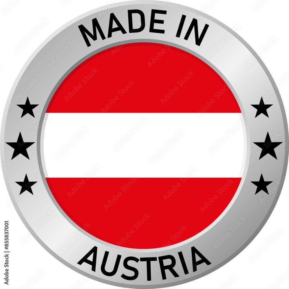 Chrome ring with the inscription: Made in Austria, in the center - a circle and the flag of Austria. For industrial enterprises, products, production. Vector illustration. Chrome ring with the inscription: Made in Austria, in the center - a circle and the flag of Austria. For industrial enterprises, products, production. Vector illustration.