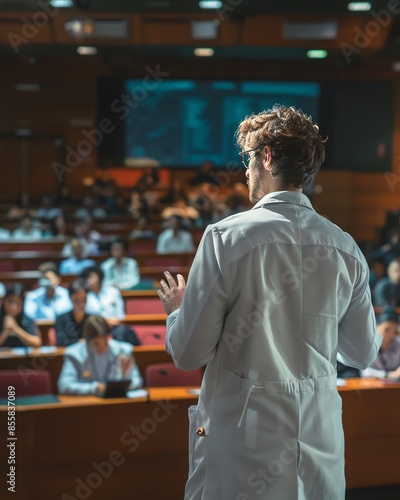 Medical professional delivering a lecture to students in a modern auditorium, engaging in educational presentation with visuals.