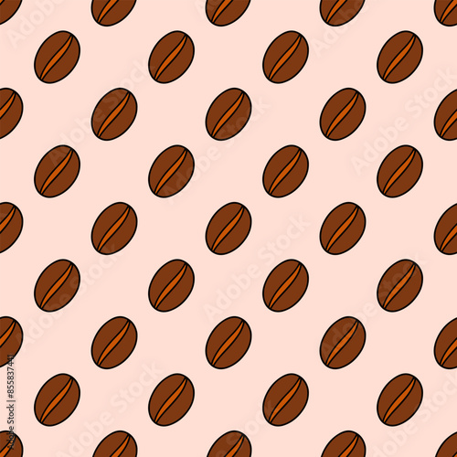 A pattern of coffee beans is shown in a variety of sizes and orientations