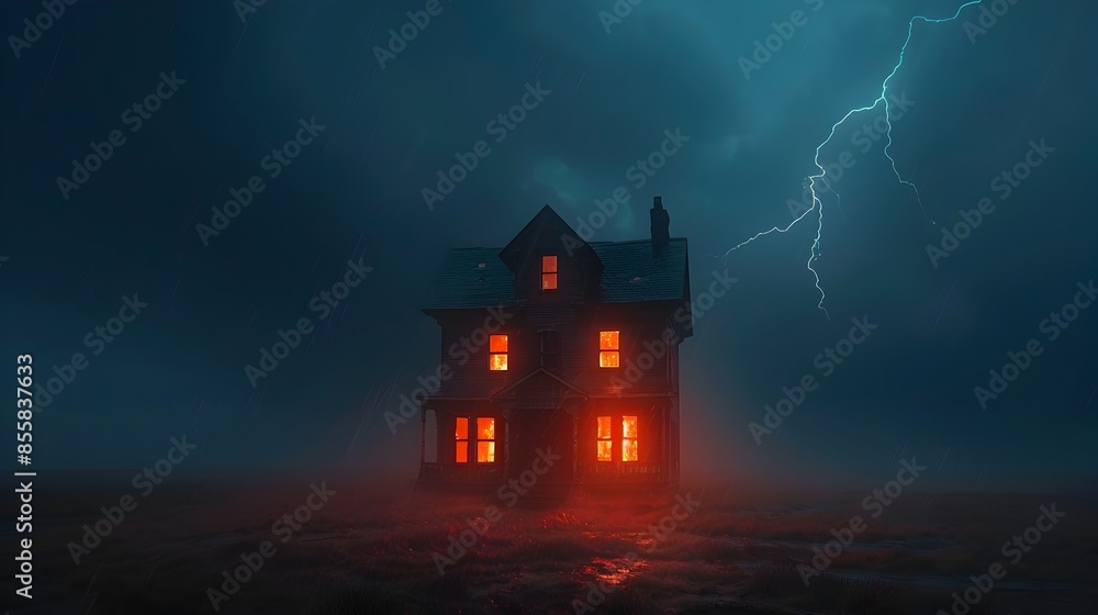 Haunting Haunted House on a Dark and Stormy Night with Lightning Flashes Illuminating its Ominous Structure Haunting Haunted House on a Dark and Stormy Night with Lightning Flashes Illuminating its Ominous Structure