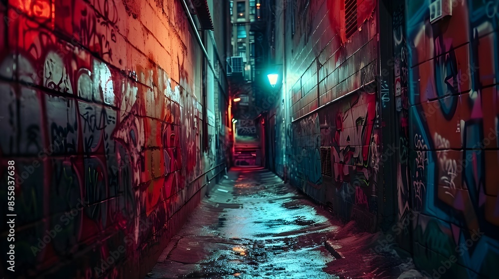 Fototapeta premium Gritty Graffiti Laden Alley Illuminated by Flickering Streetlight in the Urban Darkness