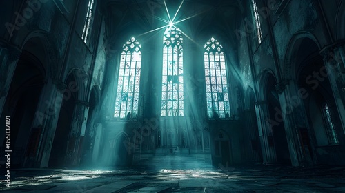 Shadowy Interiors of an Abandoned Gothic Church Illuminated by Moonlight Through Stained Glass Windows