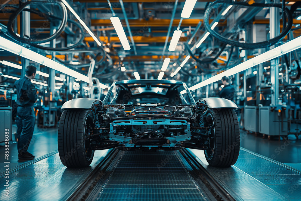 Fototapeta premium A sleek electric car showcased on the production line within a high-tech automotive factory, exemplifying modern engineering and design.