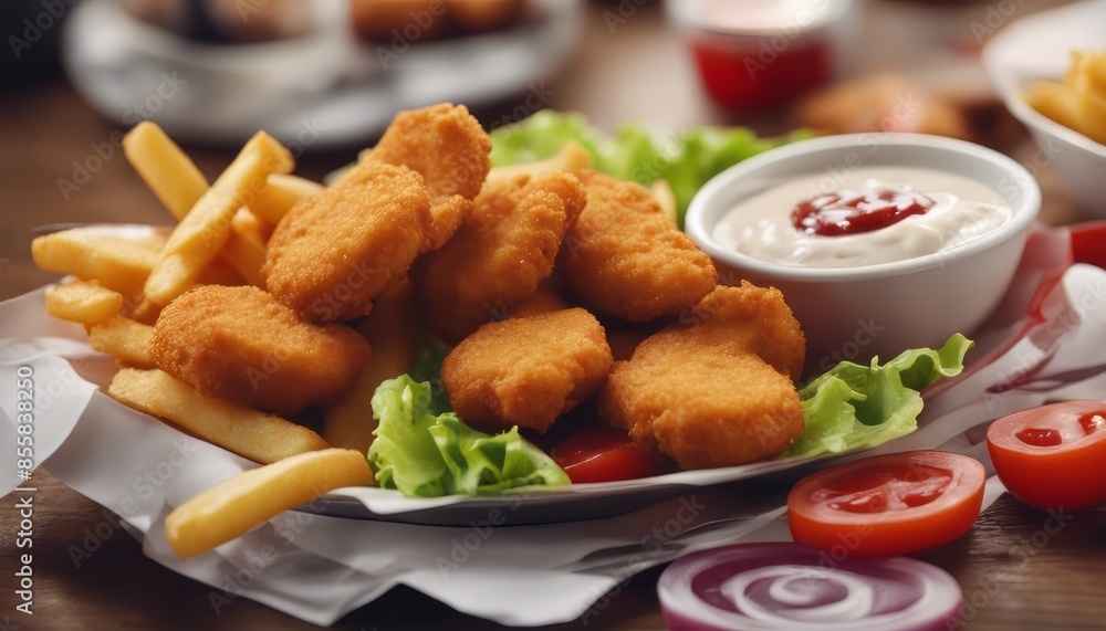 Fototapeta premium view of Chicken nuggets with fries