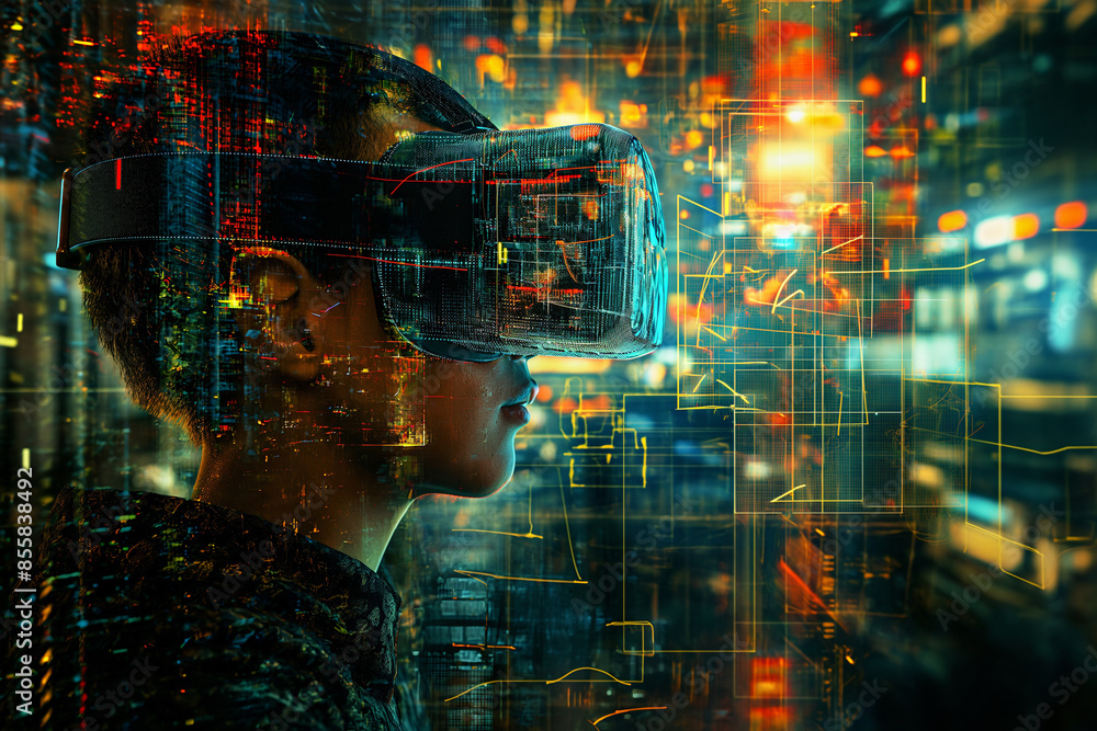 Close-up of a woman immersed in a virtual reality experience, with neon lights reflecting off the VR headset. Close-up of a woman immersed in a virtual reality experience, with neon lights reflecting off the VR headset.