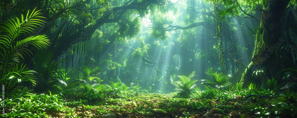 Obraz premium A dense rainforest teeming with life, its trees towering overhead and its undergrowth filled with exotic plants and animals.