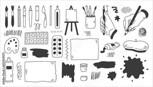 Artist Items Doodle Set. Collection of paint creativity line icons and symbols. Professional and hobby equipment supplies brush pencil ink tube hand gesture