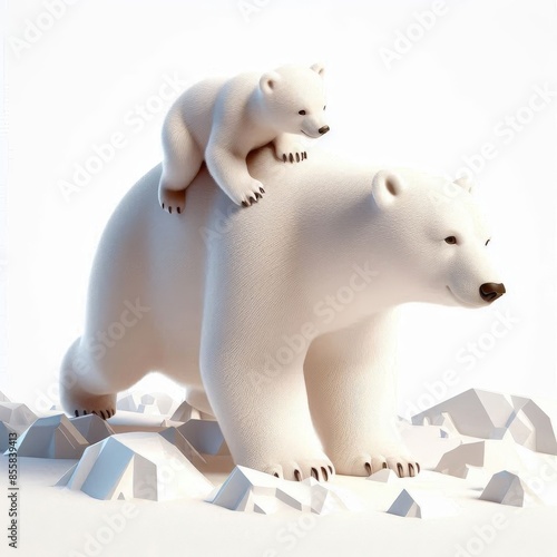 A baby polar bear is sitting on the back of a large polar bear