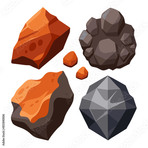 A collection of four distinct rock varieties displayed on a plain white surface