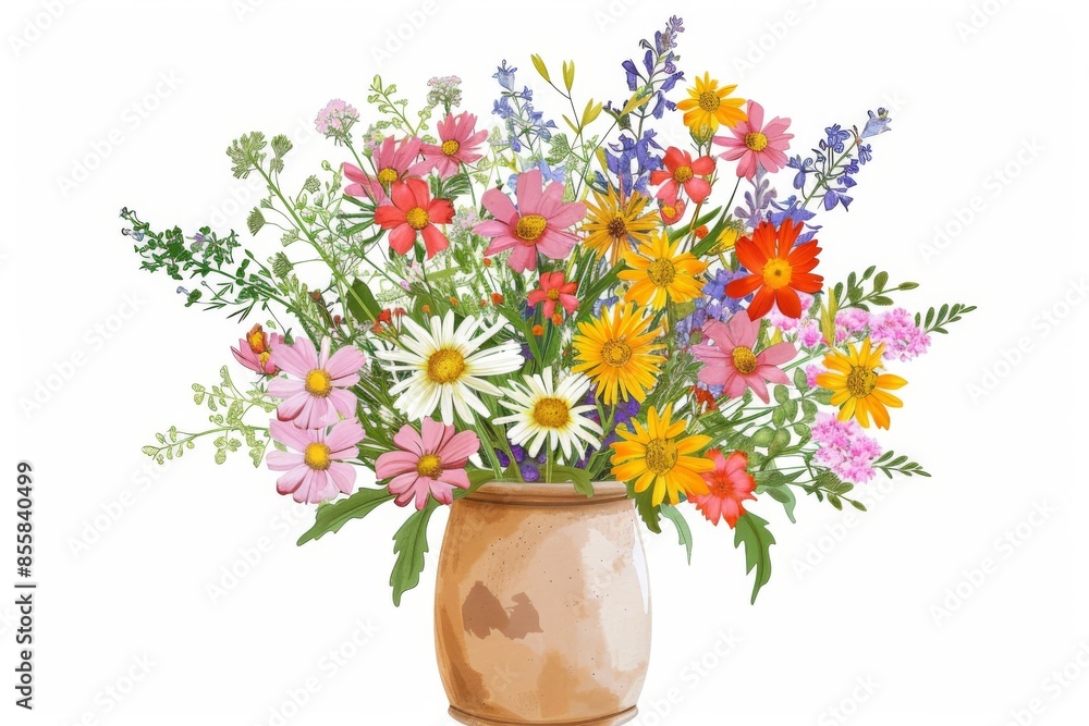 A colorful arrangement of wildflowers in a distressed ceramic vase, evoking a sense of whimsy and charm. The illustration style adds a touch of playfulness to the overall design. A colorful arrangement of wildflowers in a distressed ceramic vase, evoking a sense of whimsy and charm. The illustration style adds a touch of playfulness to the overall design.