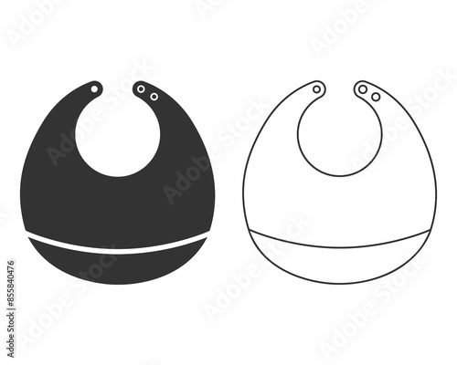 Bib line icon. Outline emblem of baby feeder with pocket and button fasteners. Black simple illustration of children's goods. Flat isolated vector