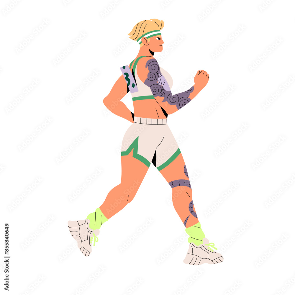 Athlete with tattoo training for marathon. Professional jogger running, does sport. Runner in sportswear jogging in competition. Sporty woman does cardio workout. Flat isolated vector illustration Athlete with tattoo training for marathon. Professional jogger running, does sport. Runner in sportswear jogging in competition. Sporty woman does cardio workout. Flat isolated vector illustration