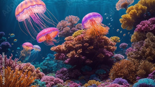 Vibrant disco jellyfish in a psychedelic underwater scene