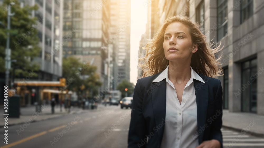Professional businesswoman in suit confidently walking on city street, determined female executive navigating urban environment, business and urban lifestyle concept Professional businesswoman in suit confidently walking on city street, determined female executive navigating urban environment, business and urban lifestyle concept