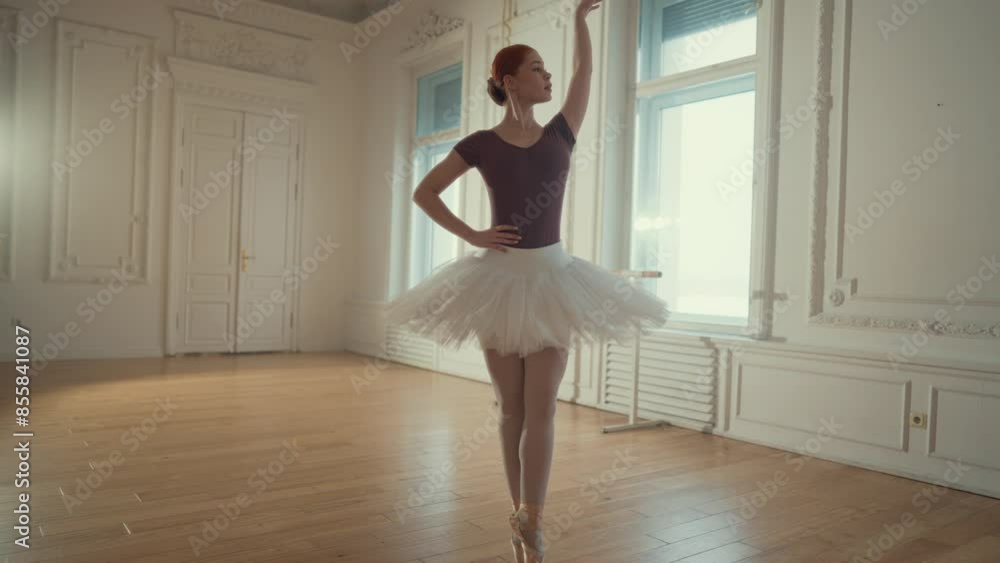 Slender graceful ballerina in tutu dancing in rehearsal room, slow motion. Attractive female ballet dancer exercising in dance hall, standing on parquet with pointe shoes, classical dance performance Slender graceful ballerina in tutu dancing in rehearsal room, slow motion. Attractive female ballet dancer exercising in dance hall, standing on parquet with pointe shoes, classical dance performance