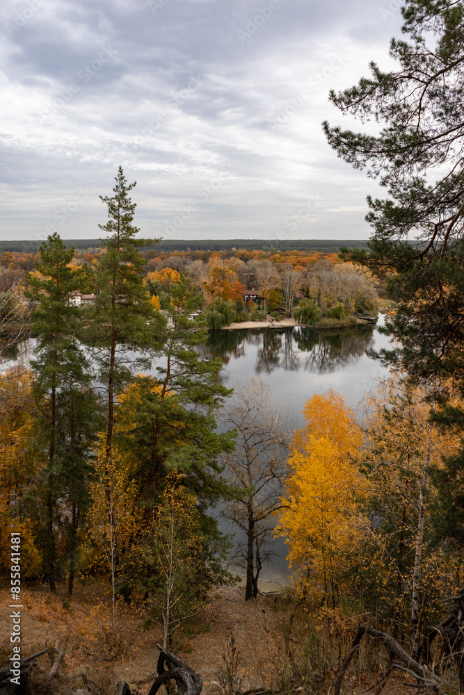 Fototapeta premium Autumn river with golden forest. Autumnal vibrant trees on rural riverside in Ukraine