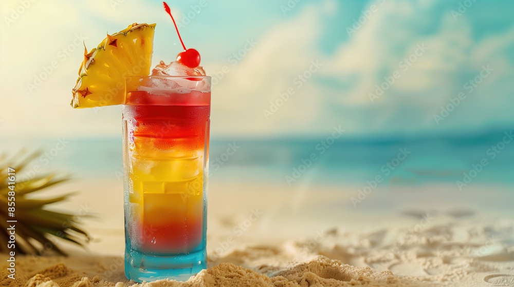 Obraz premium A vibrant tropical cocktail with layers of bright colors, garnished with a slice of pineapple and a cherry