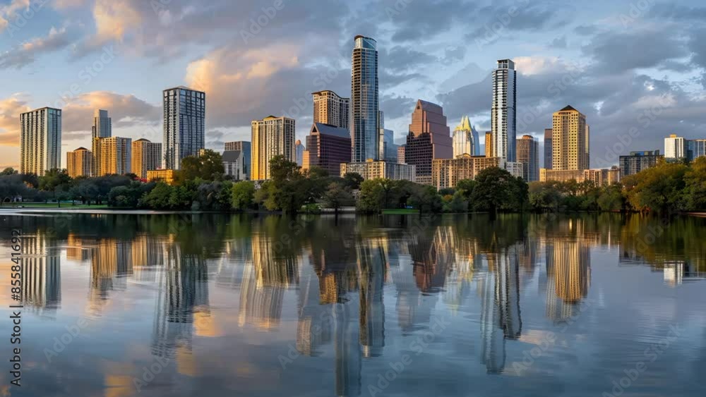 skyscrapers buildings illuminated against a vibrant sky, reflecting in River below. growing metropolitan center skyscrapers buildings illuminated against a vibrant sky, reflecting in River below. growing metropolitan center