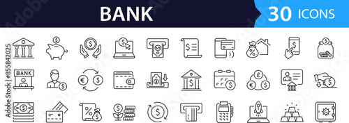 Bank set of web icons in line style. Finance and money linear icon collection. Containing payment, deposit, wallet , online banking, loan, ATM, investment, exchange. Editable stroke