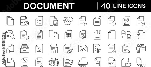 Document set of web icons in line style. Documents linear icon collection. Containing contract papers, folder, certificate, accept, approved, clipboard, invoice, archive and more. Editable stroke