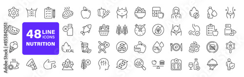 Nutrition set of web icons in line style. Healthy food linear icon collection. Containing food, vegetables, water, palm oil free, сaunt calories, zero trans fat, probiotics and more. Editable stroke