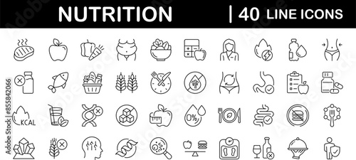 Nutrition set of web icons in line style. Healthy food linear icon collection. Containing food, vegetables, water, palm oil free, сaunt calories, zero trans fat, probiotics and more. Editable stroke