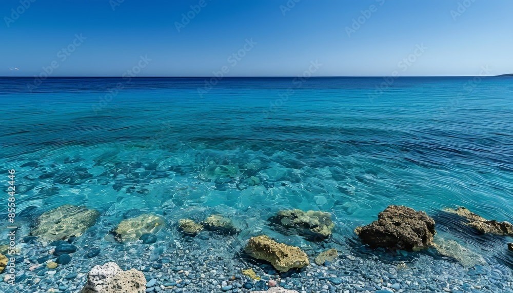 Soothing mediterranean seascape with serene blue ocean waters under a clear blue sky Soothing mediterranean seascape with serene blue ocean waters under a clear blue sky