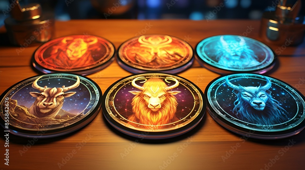 Four zodiac sign coasters in various colors - Aries, Taurus, Gemini, and Cancer symbols on each. Four zodiac sign coasters in various colors - Aries, Taurus, Gemini, and Cancer symbols on each.