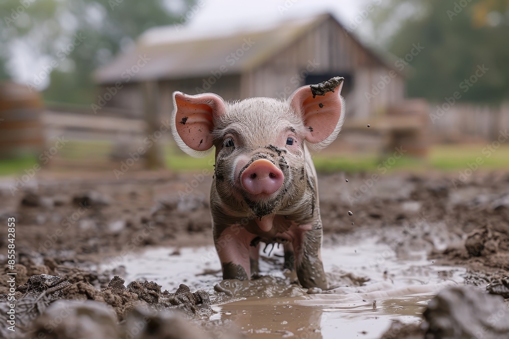 A playful piglet covered in mud, standing in a muddy puddle with a big smile. The background shows a rustic barn A playful piglet covered in mud, standing in a muddy puddle with a big smile. The background shows a rustic barn