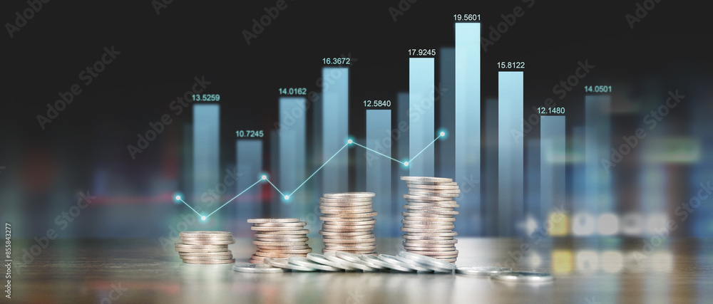 Stack of coin with trading graph, financial investment concept