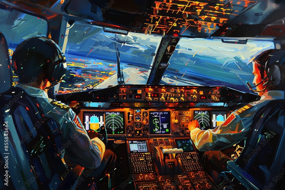 Two pilots in the cockpit of an airplane, navigating during a flight with illuminated control panels and a view of the sky. Two pilots in the cockpit of an airplane, navigating during a flight with illuminated control panels and a view of the sky.