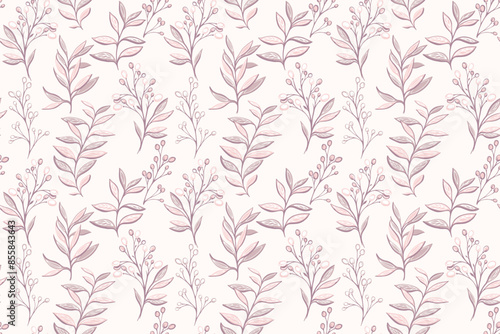 Pastel pattern with abstract artistic shapes leaf stems, berries on branch on a light beige background. Unique plants contemporary seamless print. Vector hand drawing illustration. Designs