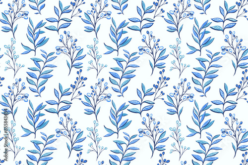 Abstract artistic shapes leaf stems, unique berries on branch. Creative blue botanical contemporary seamless print on a white background. Vector hand drawing illustration. Designs for fabric