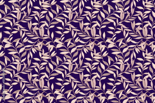 Abstract artistic jungle pattern with creative branches leaves. Pastel beige plants seamless print on a dark background. Vector hand drawing illustration. Designs for fabric, cover, textiles, fashion