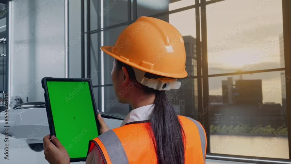 Close Up Back View Of Asian Female Engineer With Safety Helmet Working On A Green Screen Tablet And Looking Around With Drone Project Close Up Back View Of Asian Female Engineer With Safety Helmet Working On A Green Screen Tablet And Looking Around With Drone Project