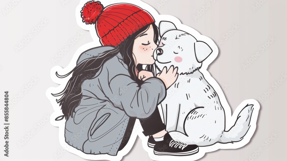Fototapeta premium A girl kissing a white dog with a red hat