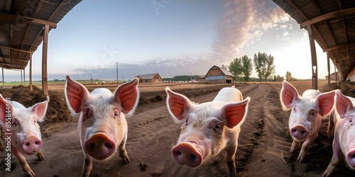 Sustainable Farming in Action A Barn Full of Happy Pigs. Concept Agricultural Innovations, Sustainable Practices, Pig Welfare, Organic Farming, Happy Animals photo