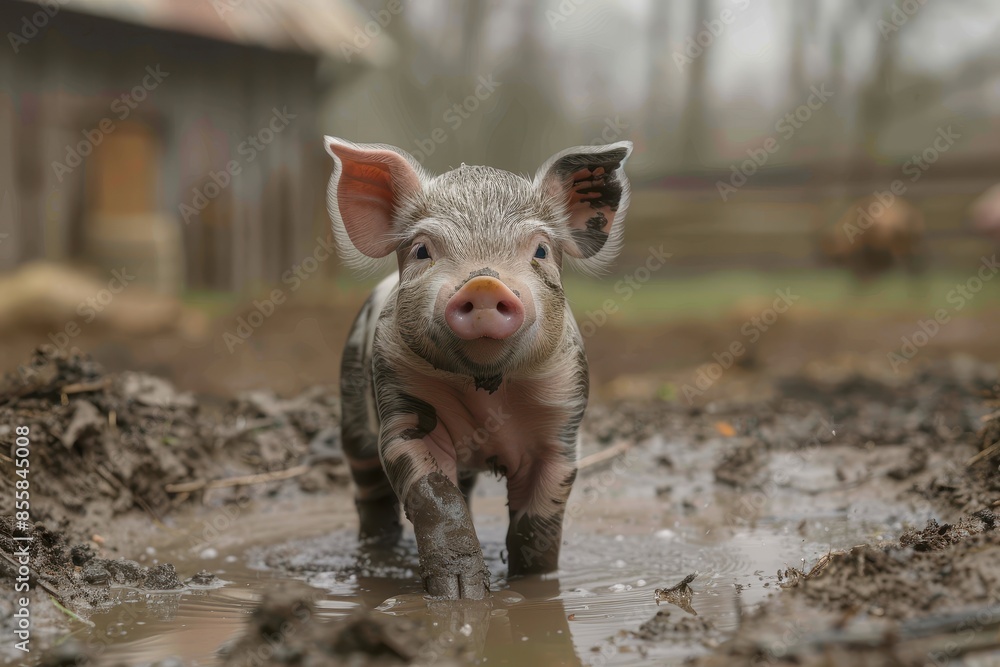 A playful piglet covered in mud, standing in a muddy puddle with a big smile. The background shows a rustic barn A playful piglet covered in mud, standing in a muddy puddle with a big smile. The background shows a rustic barn
