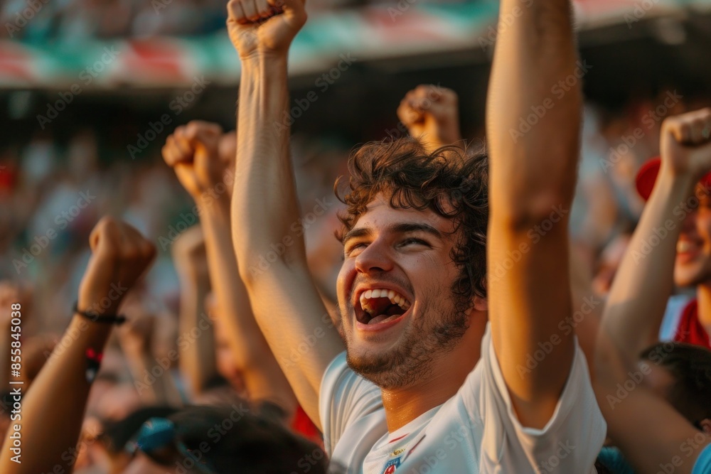 Young soccer fan cheering with crowd in a stadium